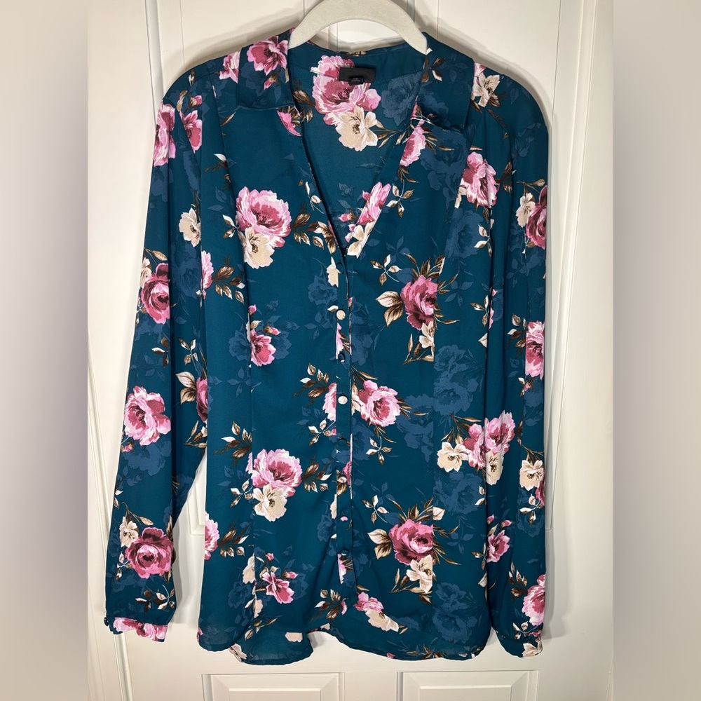 Torrid 00 Teal Harper Georgette Blouse Top Women’s Floral Long Sleeve NWOT